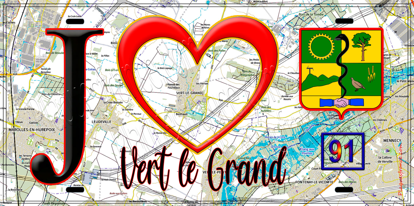 Plaque métal décorative J' ❤️Vert-le-Grand, Essonne (91) fond carte
