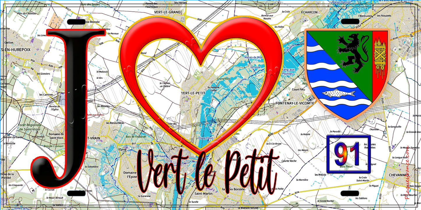 Plaque métal décorative J' ❤️Vert-le-Petit, Essonne (91) fond carte