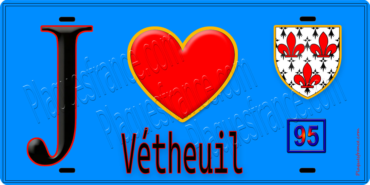 Plaque métal décorative J' ❤️Vétheuil, Val d'Oise (95) fond bleu