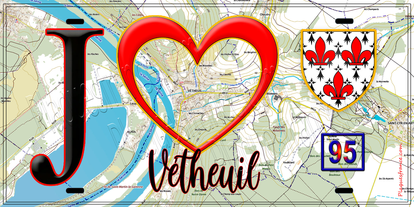 Plaque métal décorative J' ❤️Vétheuil, Val d'Oise (95) fond carte