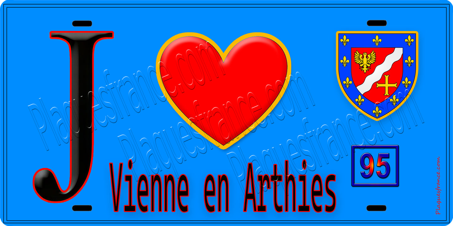 Plaque métal décorative J' ❤️Vienne-en-Arthies, Val d'Oise (95) fond bleu