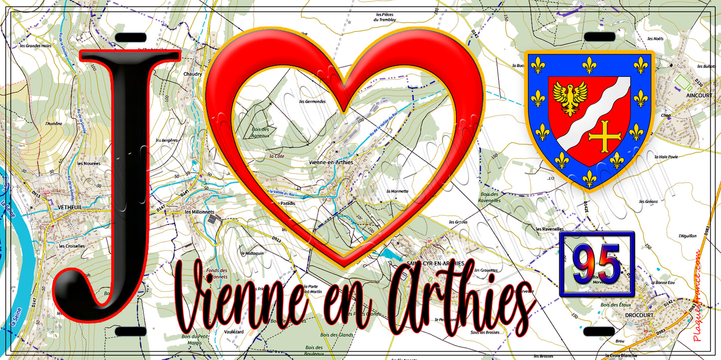 Plaque métal décorative J' ❤️Vienne-en-Arthies, Val d'Oise (95) fond carte