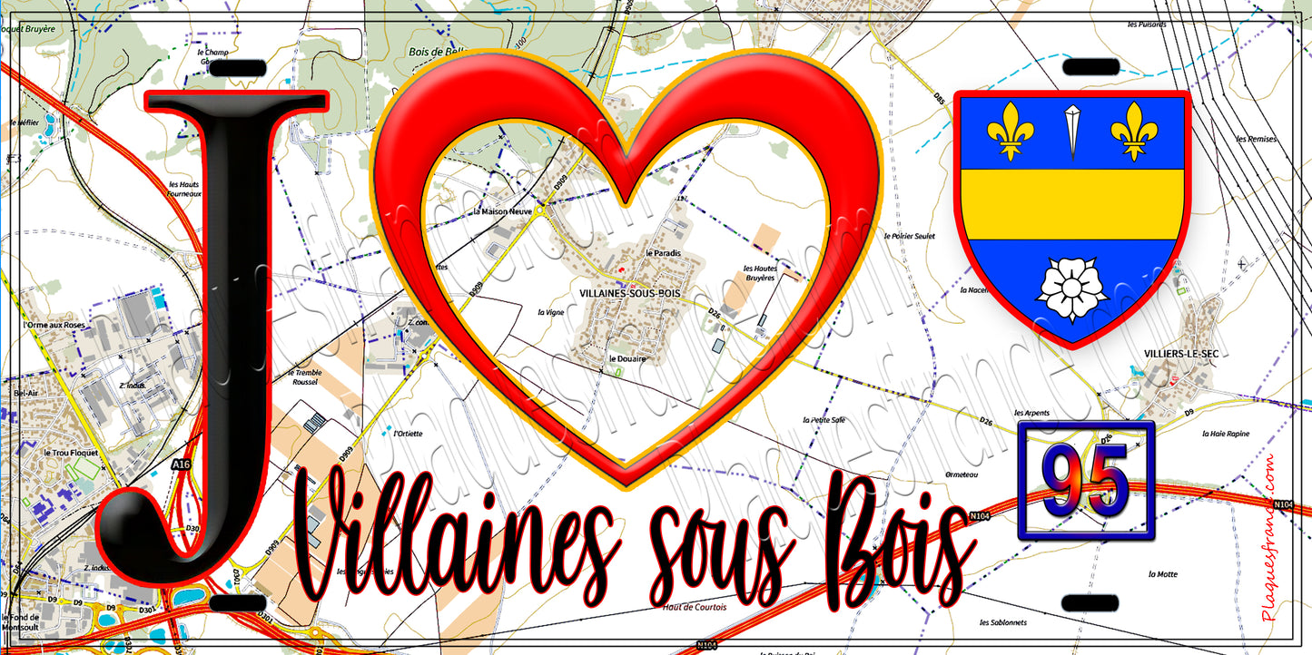Plaque métal décorative J' ❤️Villaines-sous-Bois, Val d'Oise (95) fond cate