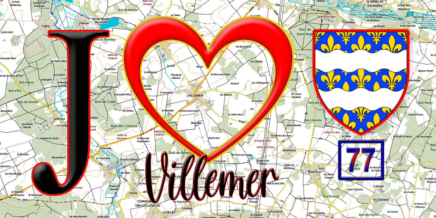 Plaque métal décorative J' ❤️Villemer, Seine et Marne (77) fond carte