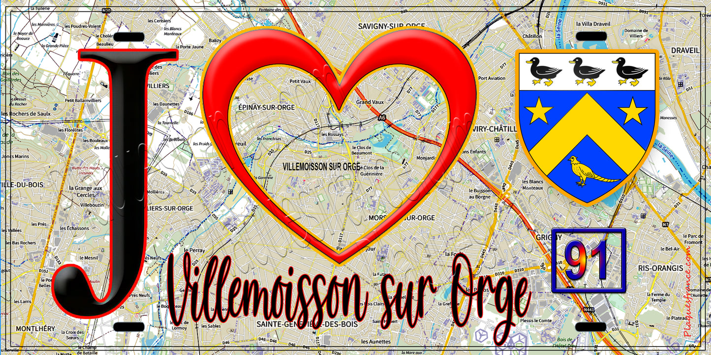 Plaque métal décorative J' ❤️Villemoisson-sur-Orge, Essonne (91) fond carte