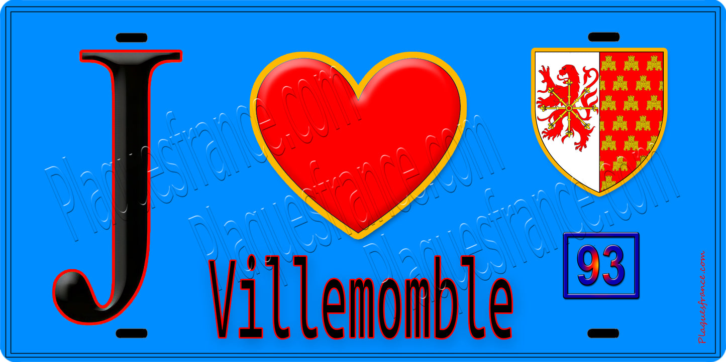 Plaque métal décorative J' ❤️Villemomble, Seine Saint Denis (93) fond bleu
