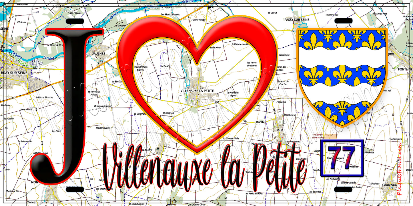 Plaque métal décorative J' ❤️Villenauxe-la-Petite, Seine et Marne (77) fond carte