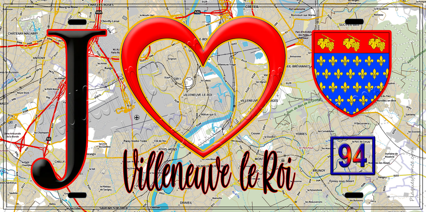 Plaque métal décorative J' ❤️Villeneuve-le-Roi, Val de Marne (94) fond carte
