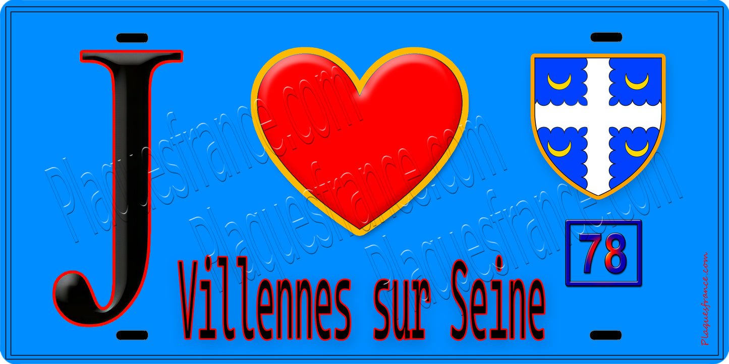 Plaque métal décorative J' ❤️Villennes-sur-Seine, Yvelines (78) fond bleu