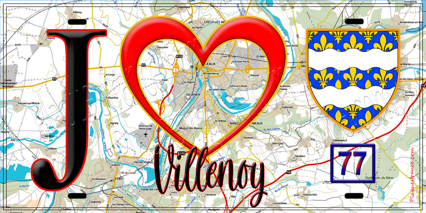 Plaque métal décorative J' ❤️Villenoy, Seine et Marne (77) fond carte