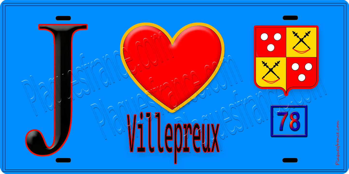 Plaque métal décorative J' ❤️Villepreux, Yvelines (78) fond bleu