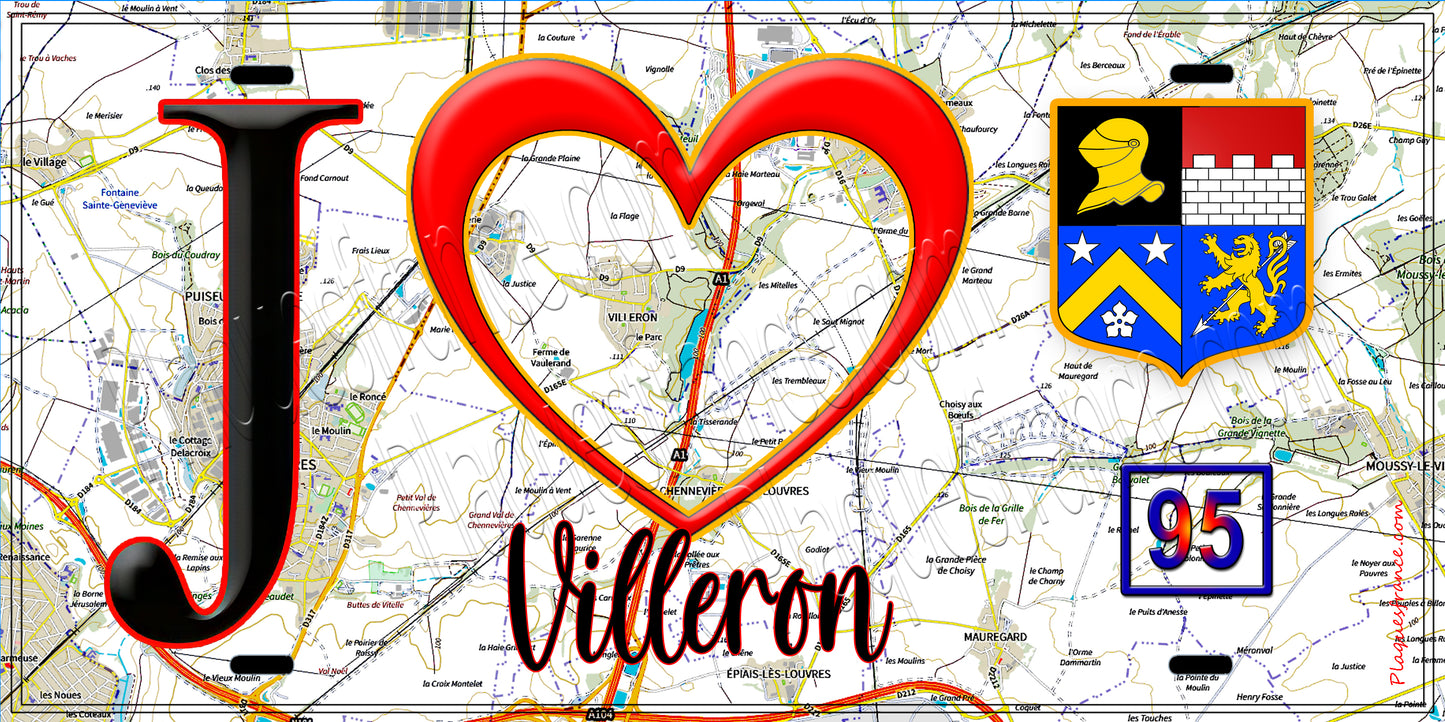 Plaque métal décorative J' ❤️Villeron, Val d'Oise (95) fond carte
