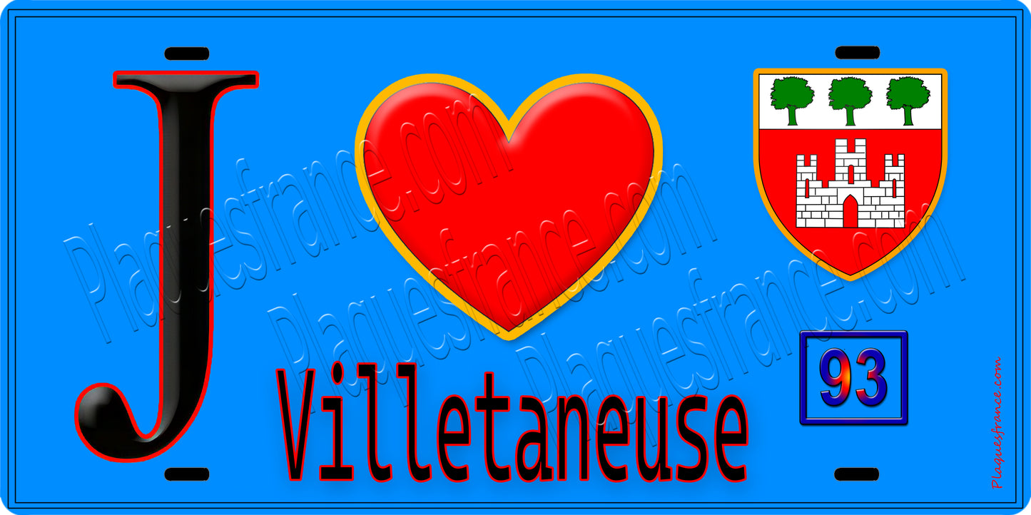 Plaque métal décorative J' ❤️Villetaneuse, Seine Saint Denis (93) fond bleu