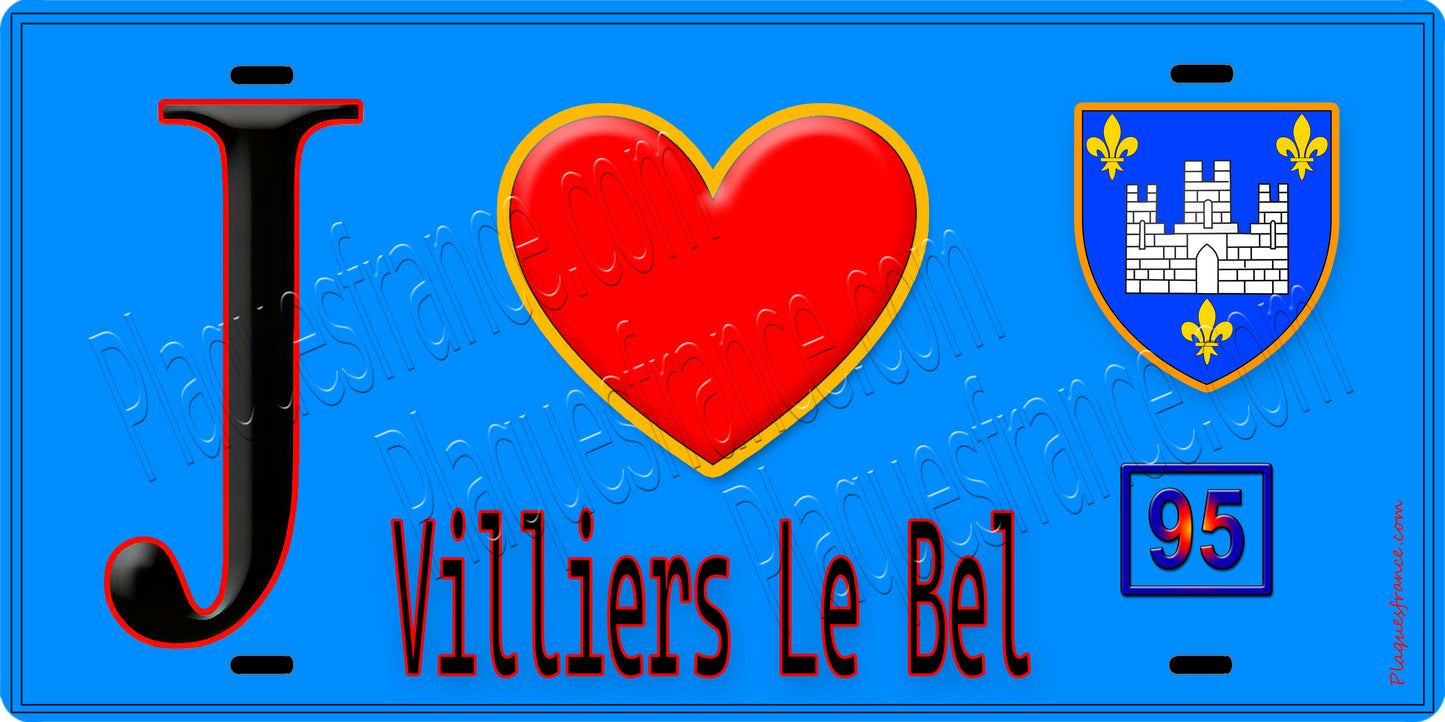 Plaque métal décorative J' ❤️Villiers-le-Bel, Val d'Oise (95) fond bleu