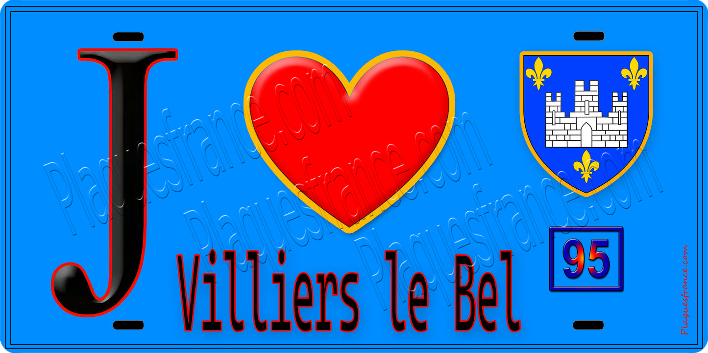 Plaque métal décorative J' ❤️Villiers-le-Bel, Val d'Oise (95) fond bleu