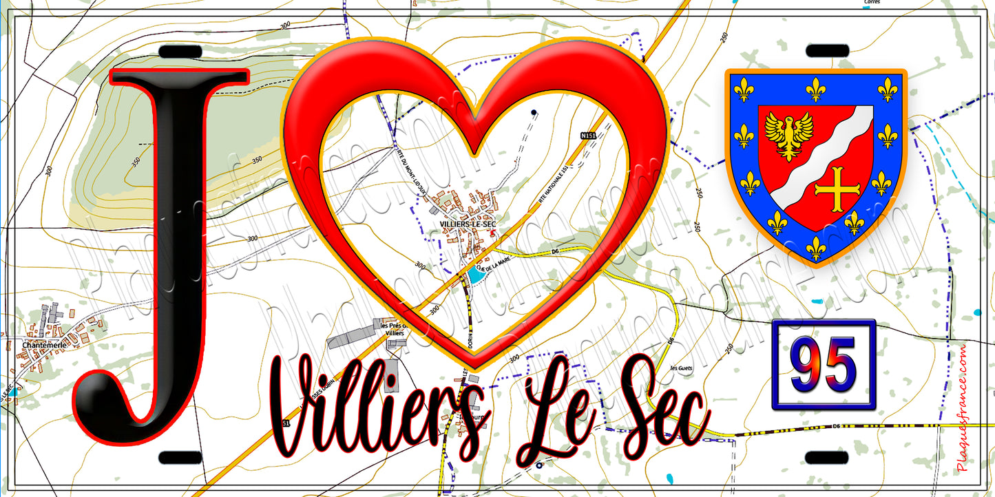 Plaque métal décorative J' ❤️Villiers-le-Sec, Val d'Oise (95) fond carte