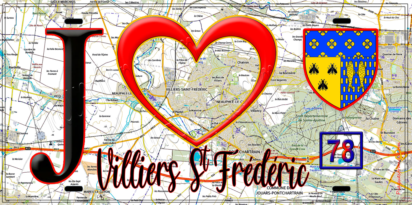 Plaque métal décorative J' ❤️Villiers-Saint-Frédéric, Yvelines (78) fond carte