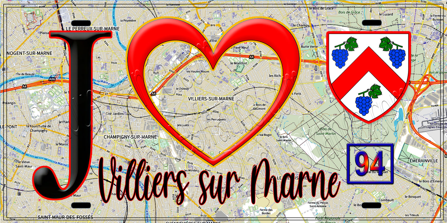 Plaque métal décorative J' ❤️Villiers-sur-Marne, Val de Marne (94) fond carte