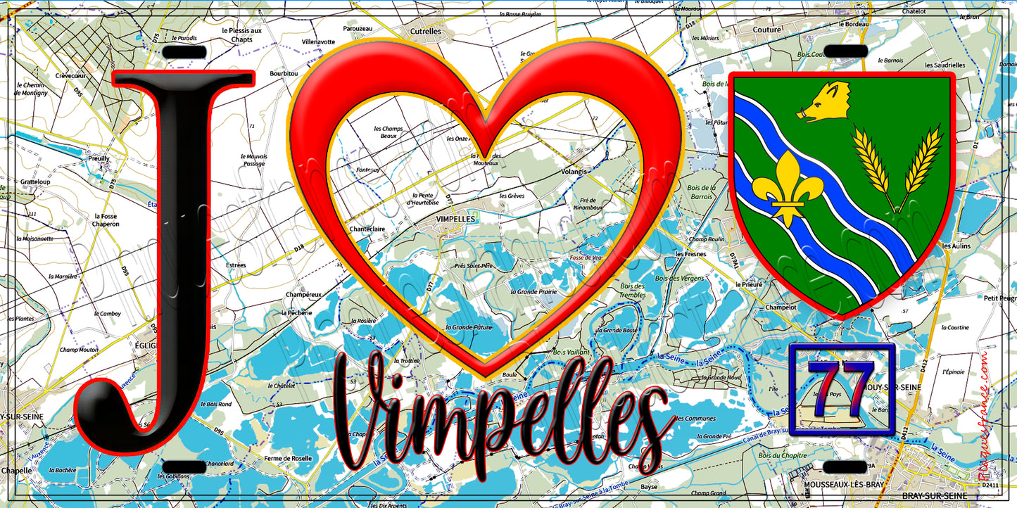 Plaque métal décorative J' ❤️Vimpelles, Seine et Marne (77) fod carte