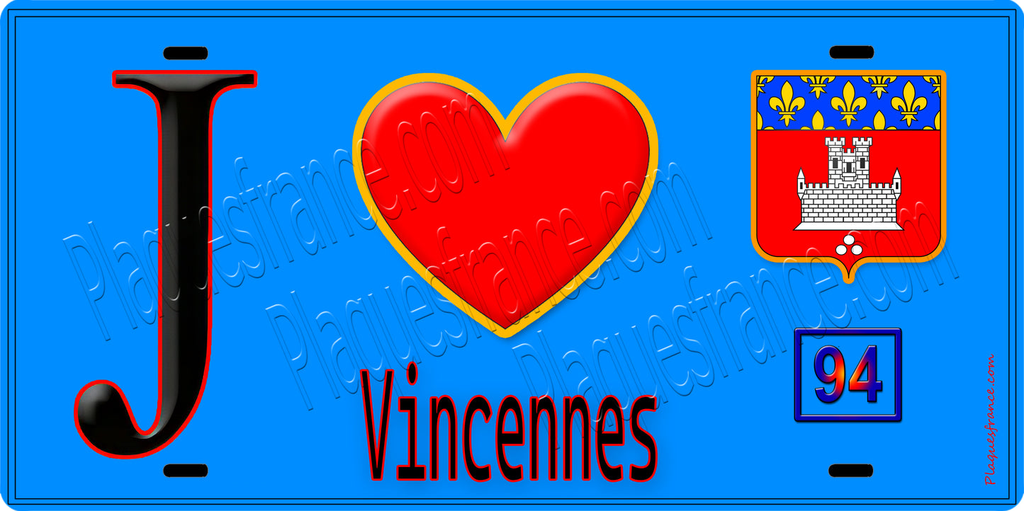 Plaque métal décorative J' ❤️Vincennes, Val de Marne (94) fond bleu