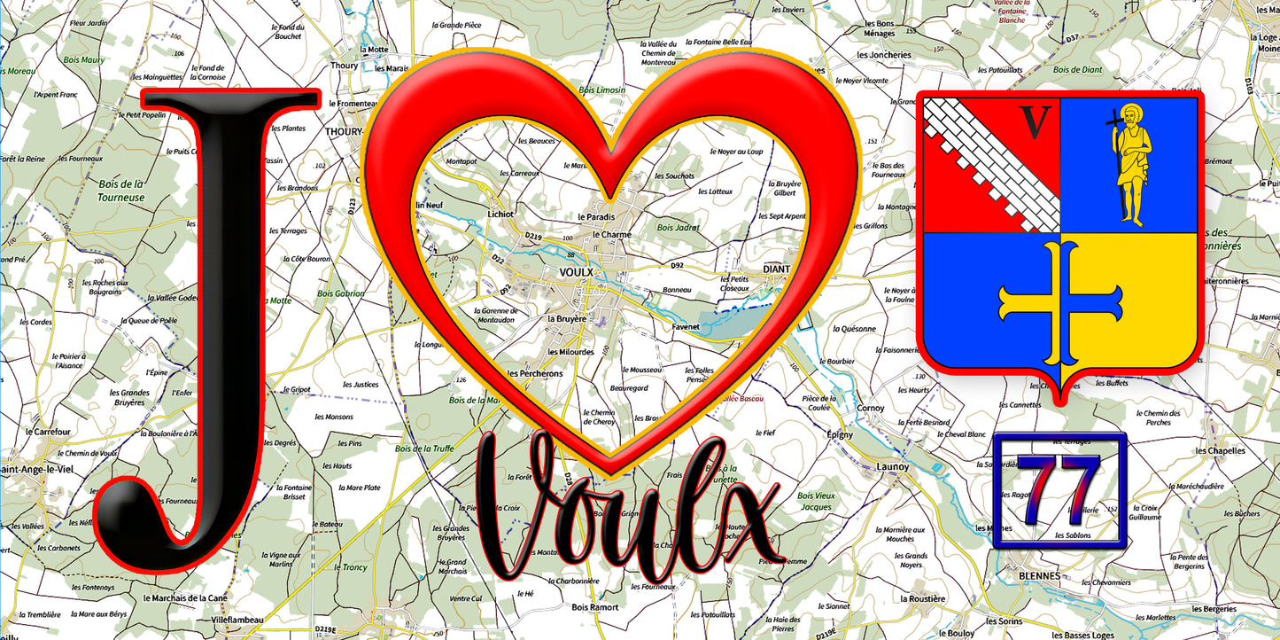 Plaque métal décorative J' ❤️Voulx, Seine et Marne (77)