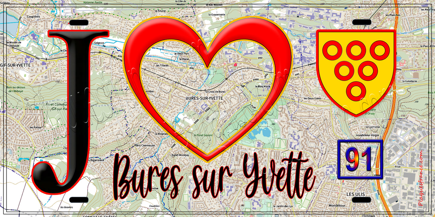 Plaque métal décorative J' ❤️Bures-sur-Yvette, Essonne (91) fond carte