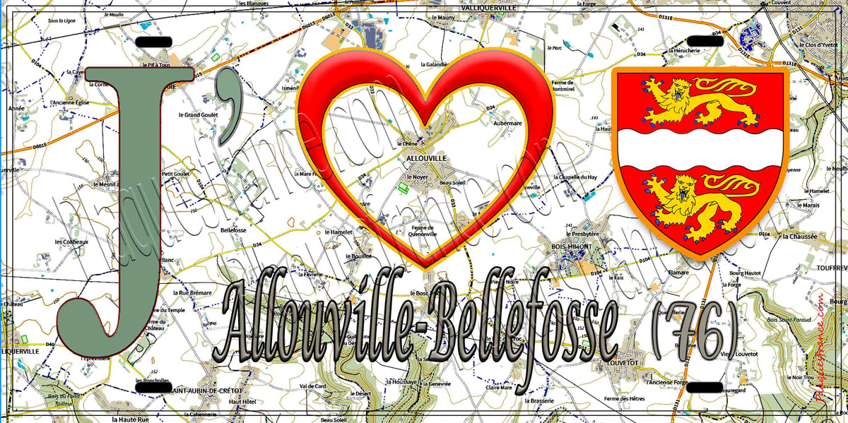 Plaque métal décorative 15X30 J' ❤️ Allouville-Bellefosse, Seine Maritime (76) géo
