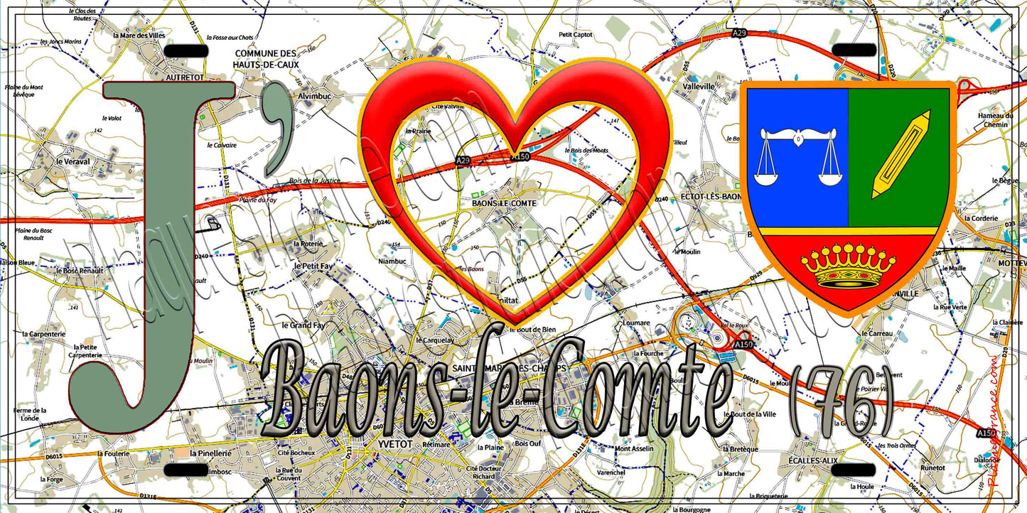 Plaque métal décorative 15X30 J' ❤️ Baons-le-Comte, Seine Maritime (76) géo