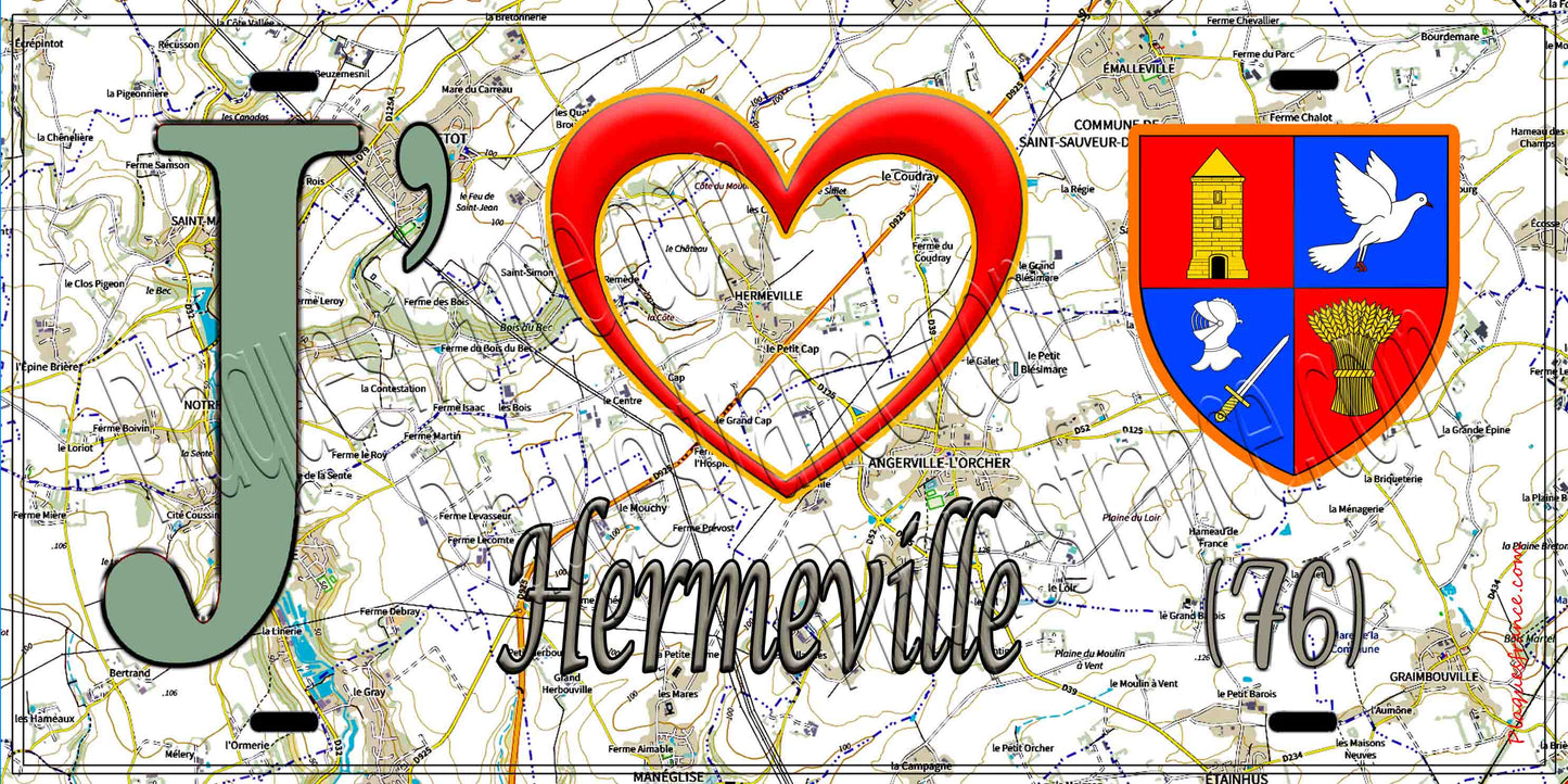 Plaque métal décorative 15X30 J' ❤️ Hermeville, Seine Maritime (76) geo