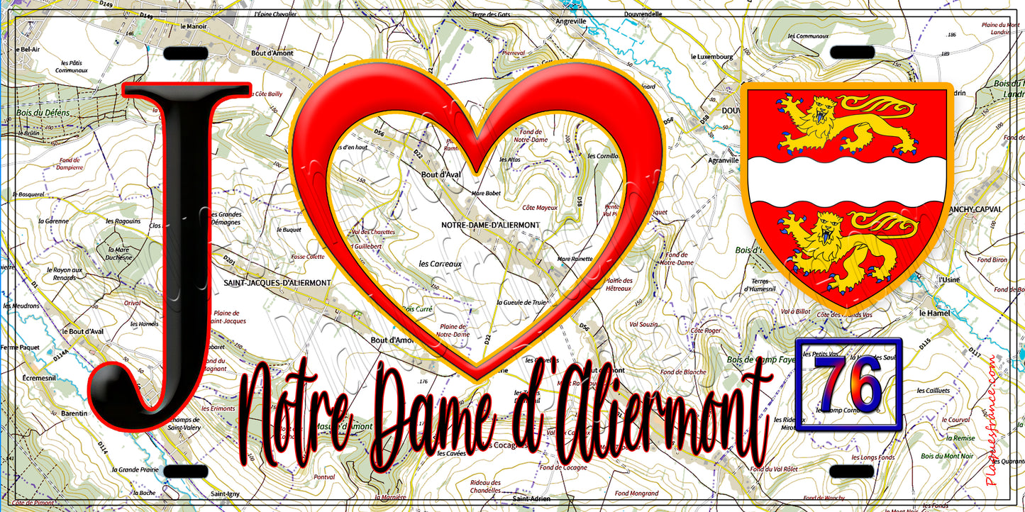 Plaque métal décorative J' ❤️ Notre-Dame-d'Aliermont, Seine Maritime (76)