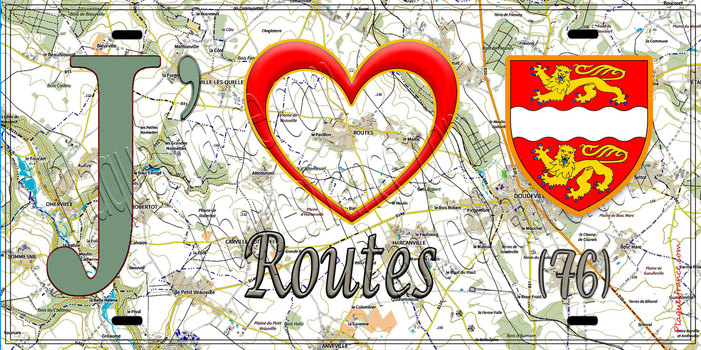 Plaque métal décorative 15X30 J' ❤️ Routes , Seine Maritime (76) geo