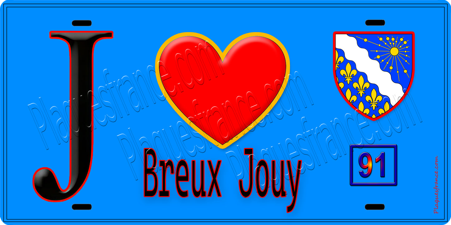 Plaque métal décorative J' ❤️Breux-Jouy, Essonne (91) fond bleu