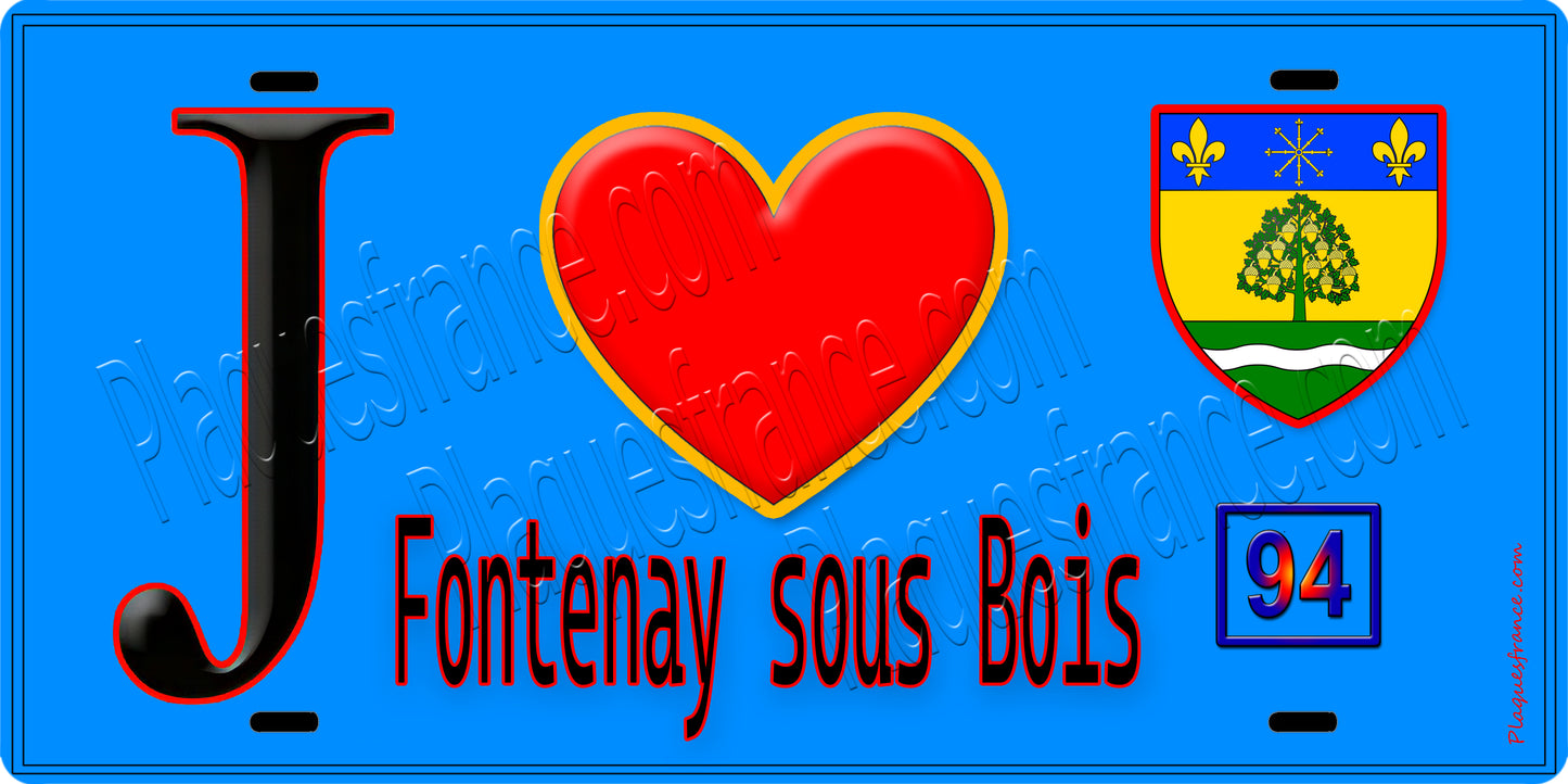 Plaque métal décorative J' ❤️Fontenay-sous-Bois, Val de Marne (94) fond bleu