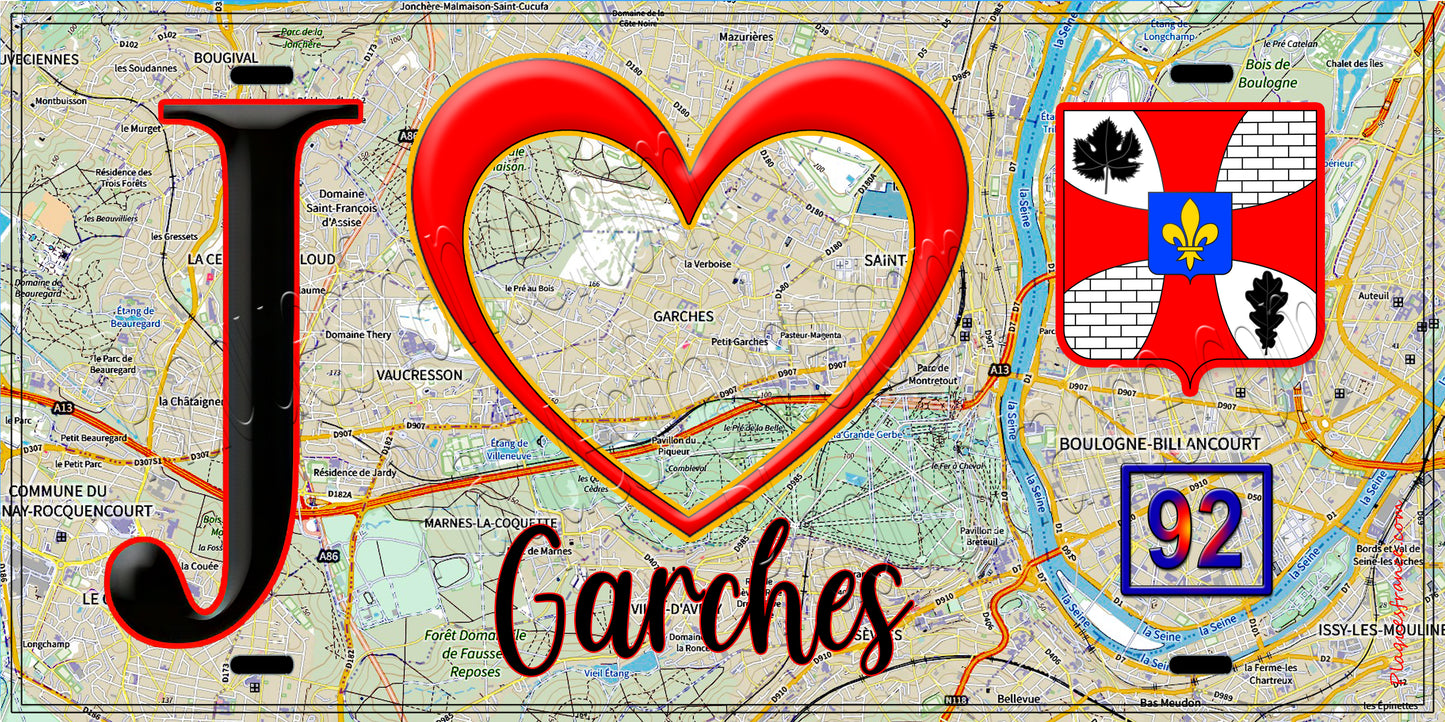 Plaque métal décorative J' ❤️ Garches, Hauts de Seine (92) fond carte