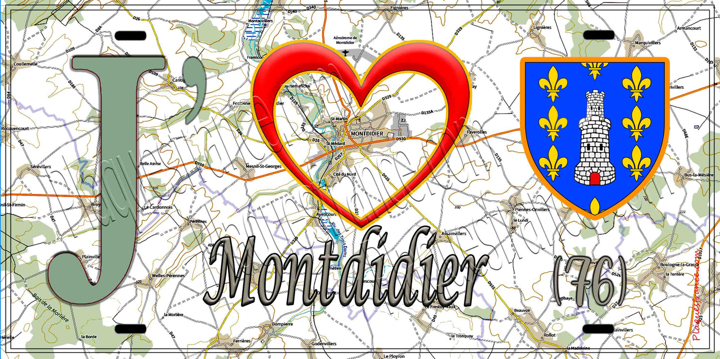 Plaque métal décorative 15X30 J' ❤️ Montdidier, Somme (80) géo