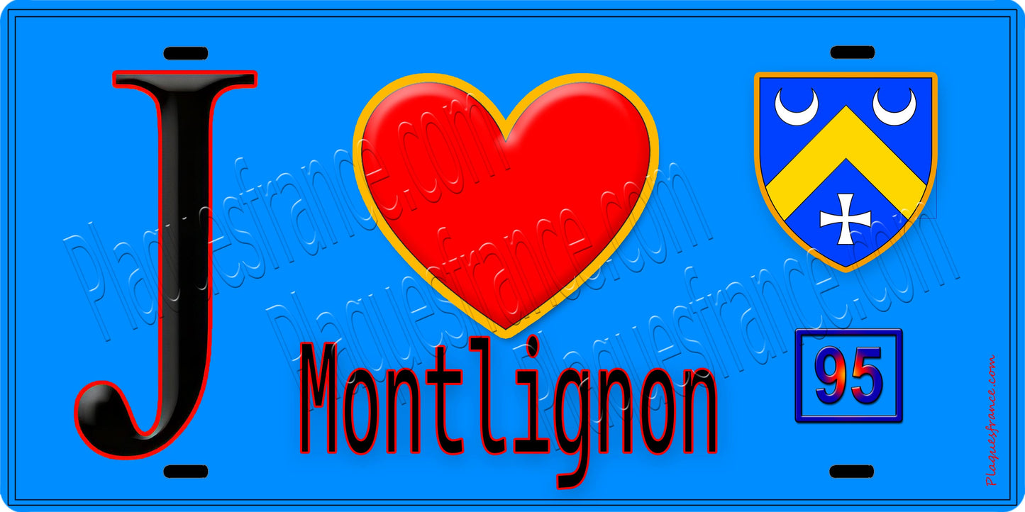 Plaque métal décorative J' ❤️Montlignon, Val d'Oise (95) fond bleu