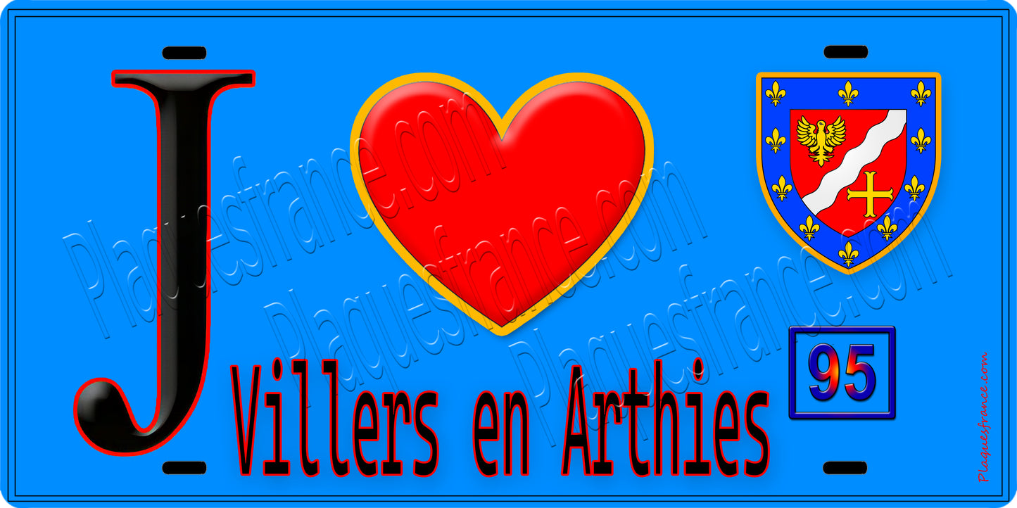 Plaque métal décorative J' ❤️Villers-en-Arthies, Val d'Oise (95) fond bleu