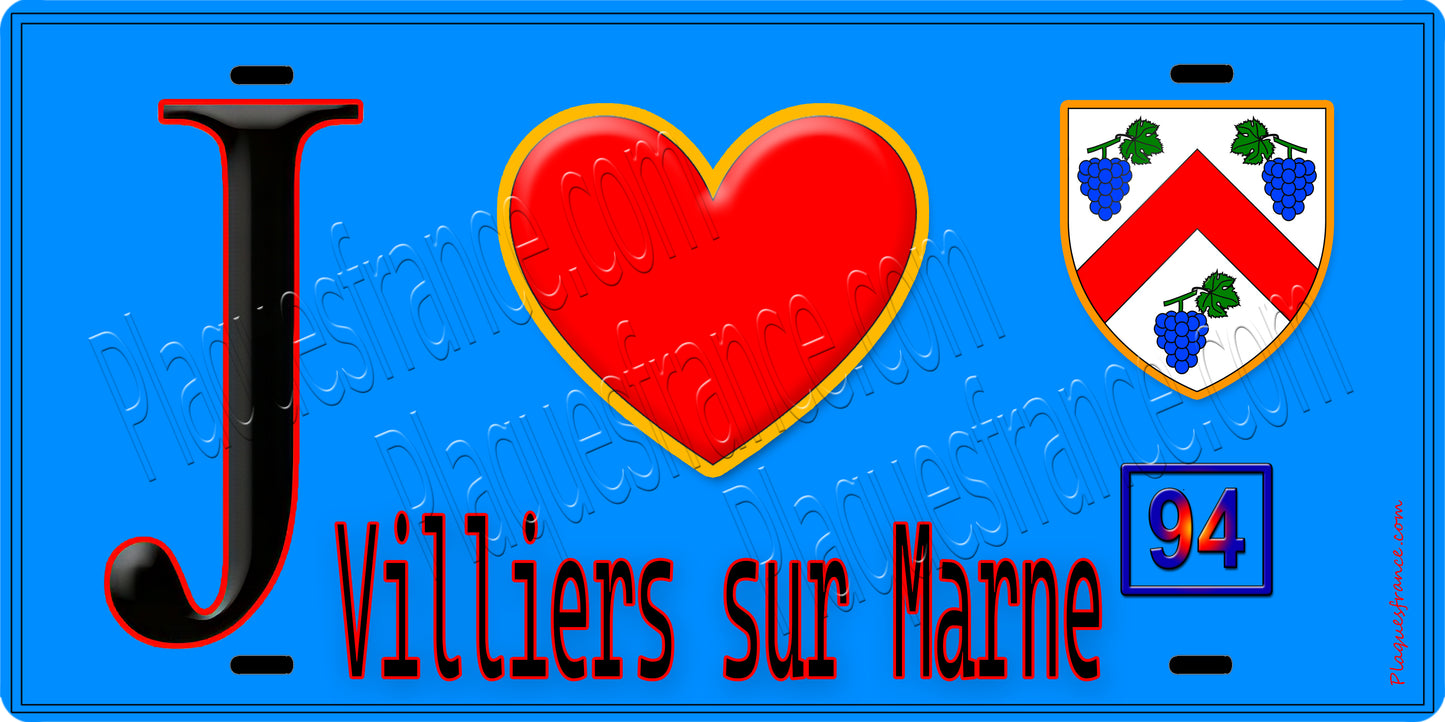 Plaque métal décorative J' ❤️Villiers-sur-Marne, Val de Marne (94) fond bleu