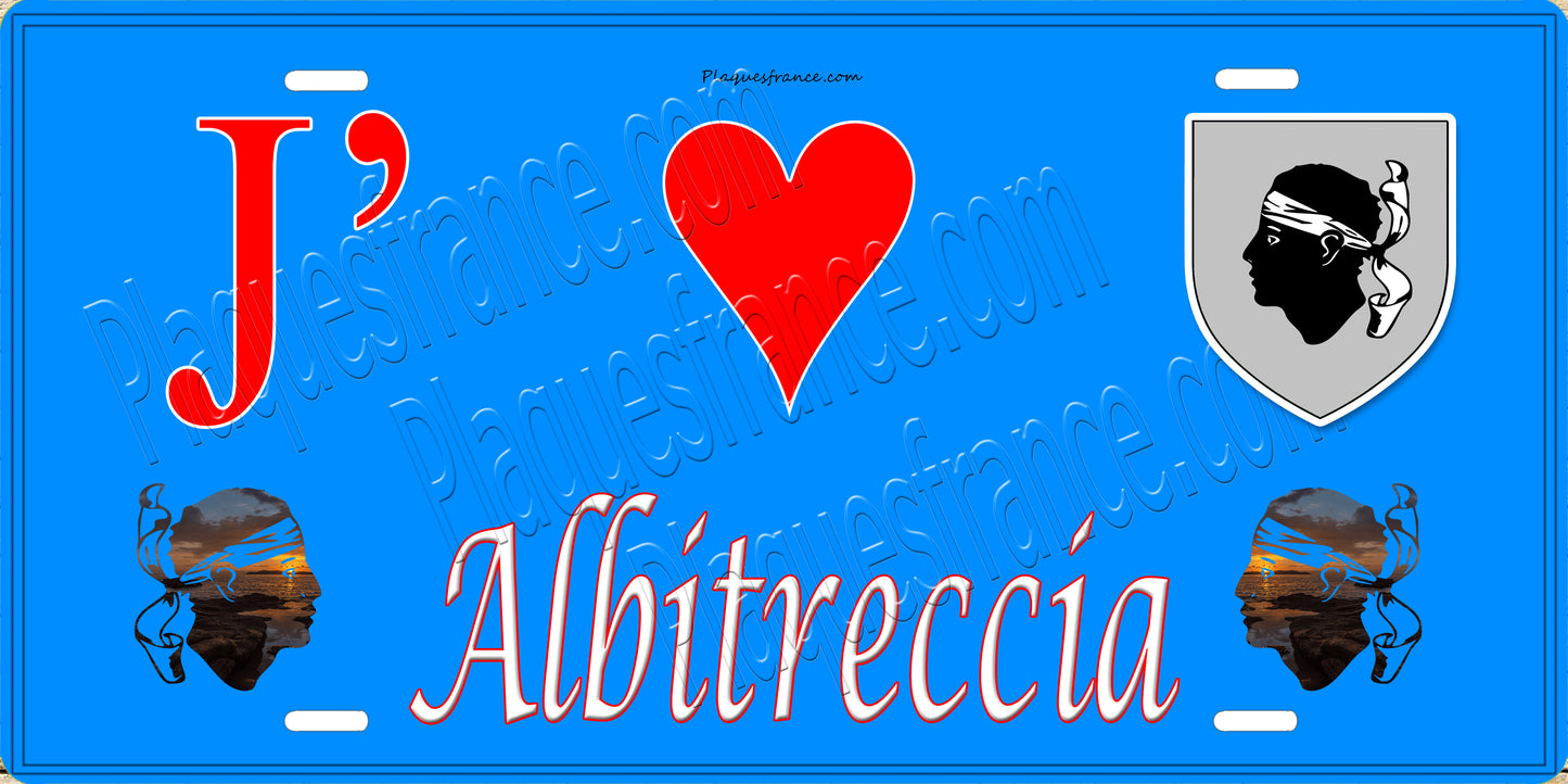 Plaque métal décorative 15 x 30 cm fond mur bleu J' ❤️ Albitreccia canton Taravo-Ornano Corse du Sud