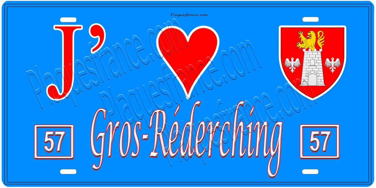 Plaque métal décorative, J'❤️ Lambach, Moselle, fond mur bleu 57