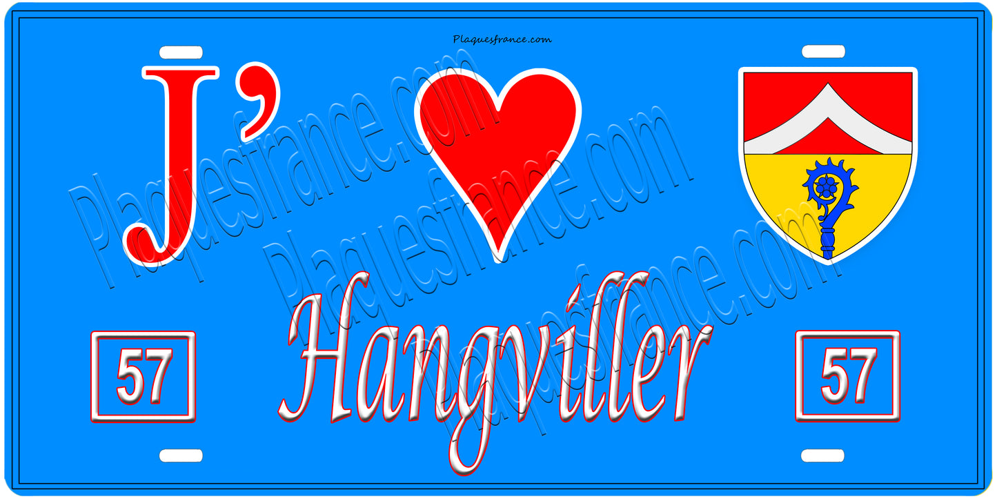 Plaque métal décorative, J'❤️Hangviller, Moselle, fond mur bleu 57
