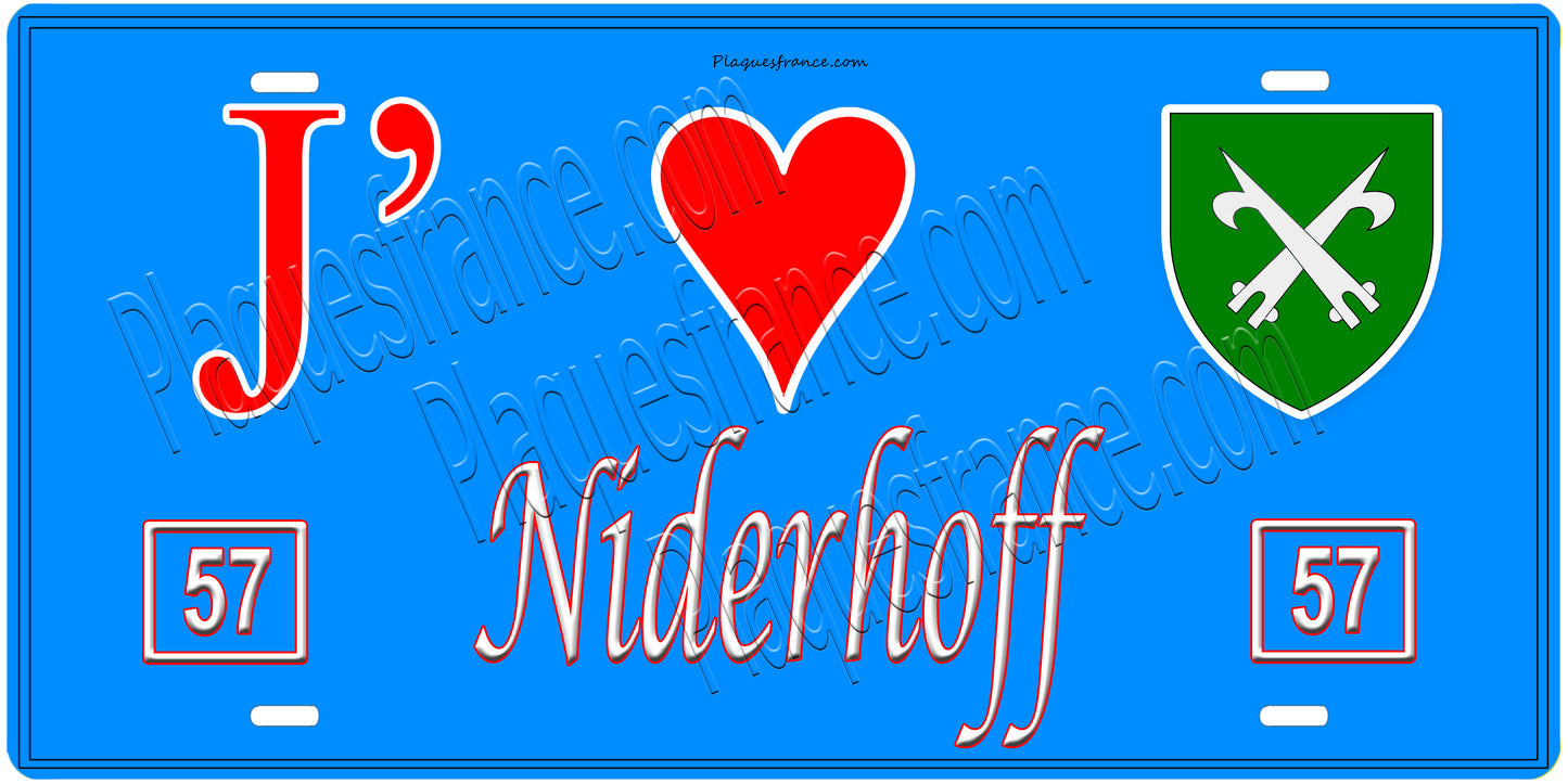 Plaque métal décorative, J'❤️Niderhoff, Moselle, fond mur bleu 57