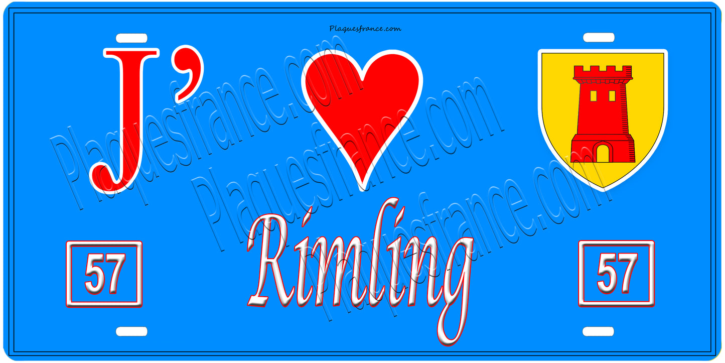Plaque métal décorative, J'❤️ Rimling, Moselle, fond mur bleu 57