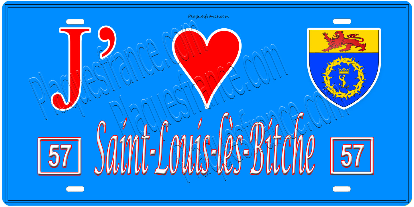 Plaque métal décorative, J'❤️ Saint-Louis-lès-Bitche, Moselle, fond mur bleu 57