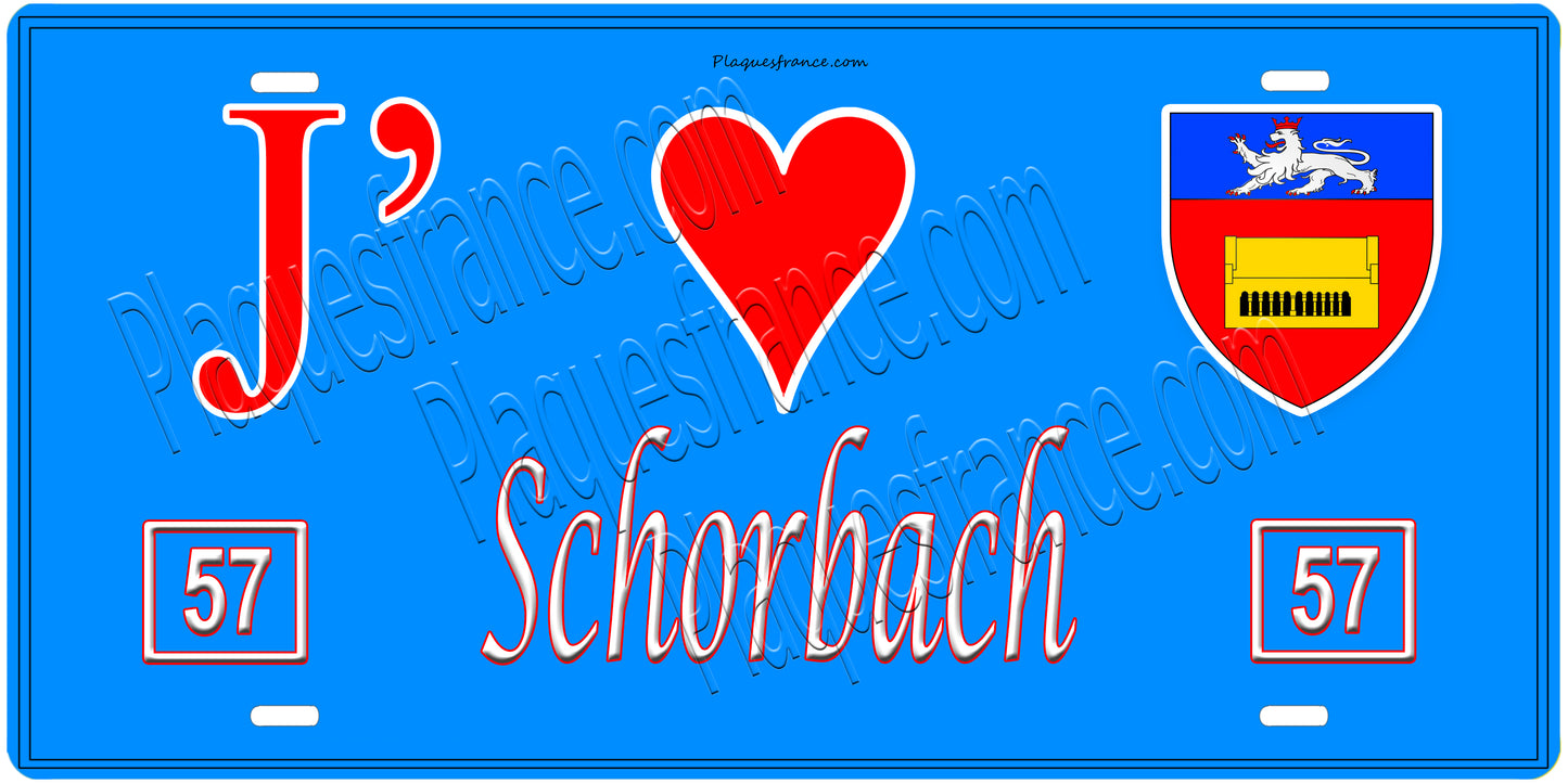 Plaque métal décorative, J'❤️ Schorbach, Moselle, fond mur bleu 57