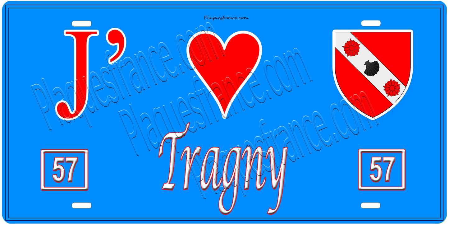Plaque métal décorative, J'❤️ Tragny, Moselle, fond mur bleu 57