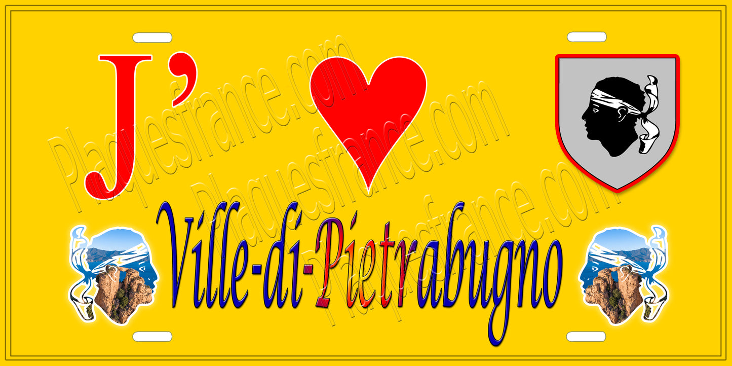 Plaque métal décorative 15 x 30 cm jaune J' ❤️ Ville-di-Pietrabugno Canton de Bastia-Corse