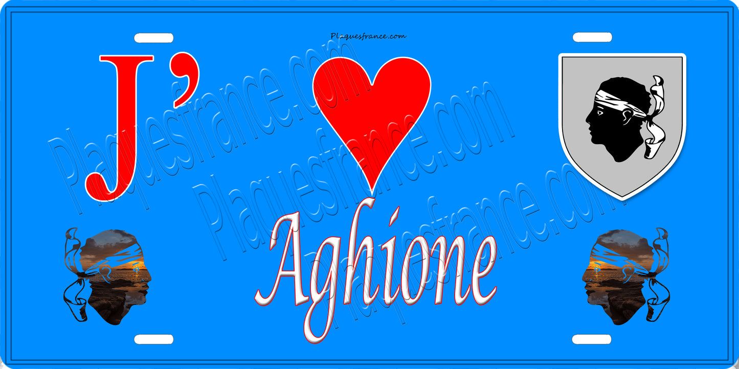 Plaque métal décorative 15 x 30 cm bleu J' ❤️ Aghione Canton de Ghisonaccia Haute-Corse