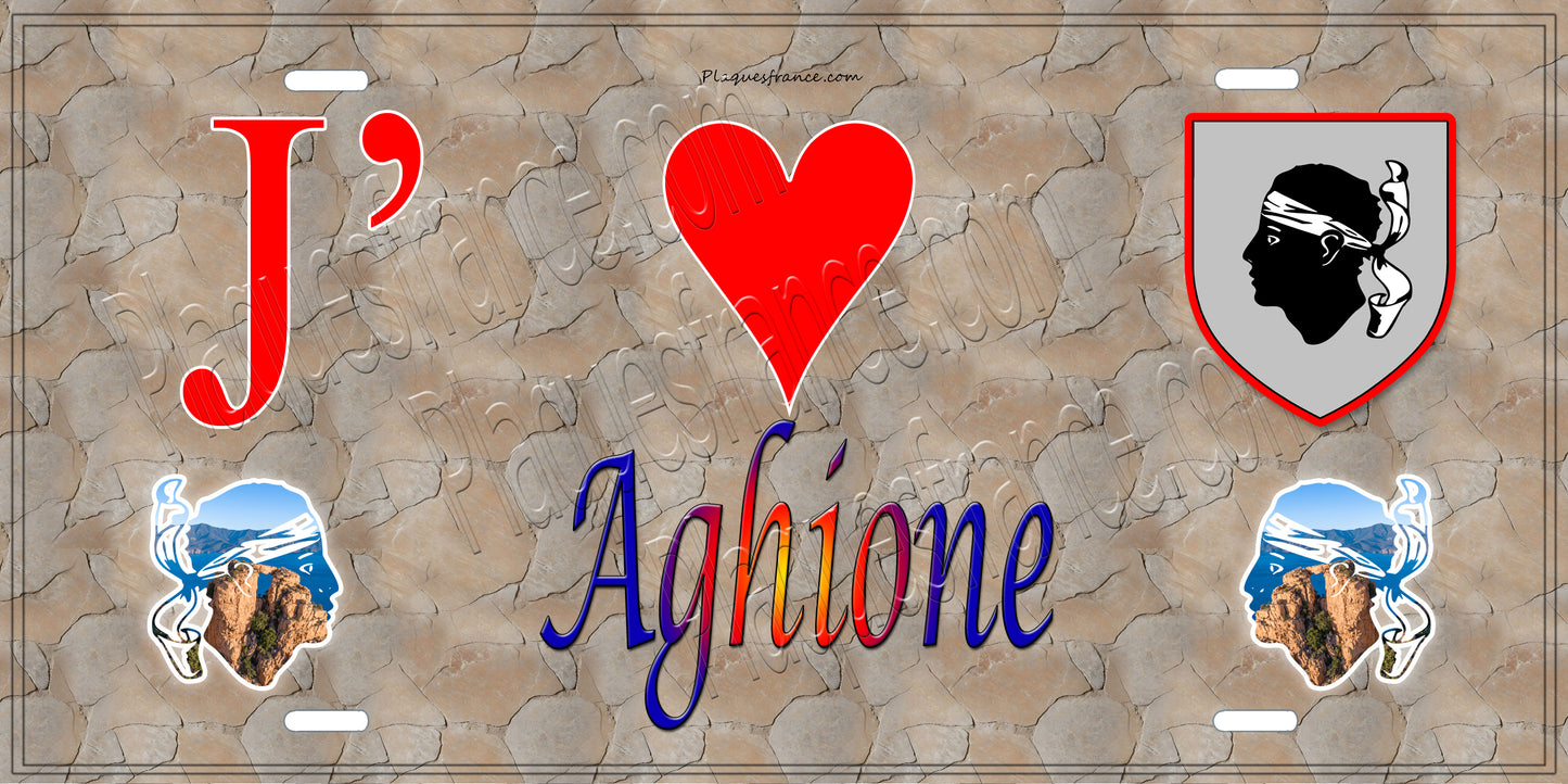 Plaque métal décorative 15 x 30 cm mur antique J' ❤️ Aghione Canton de Ghisonaccia Haute-Corse