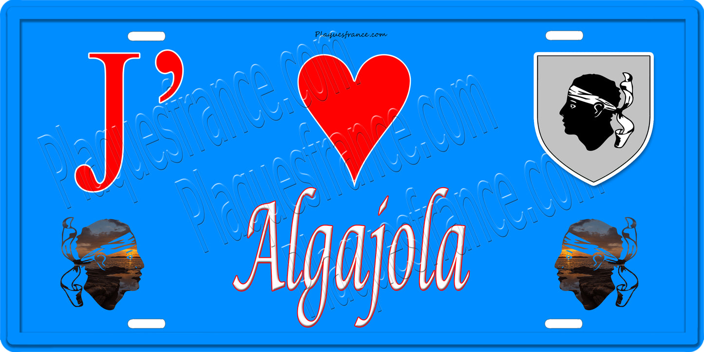 Plaque métal décorative 15 x 30 cm bleu J' ❤️ Algajola Canton de Calvi Haute-Corse